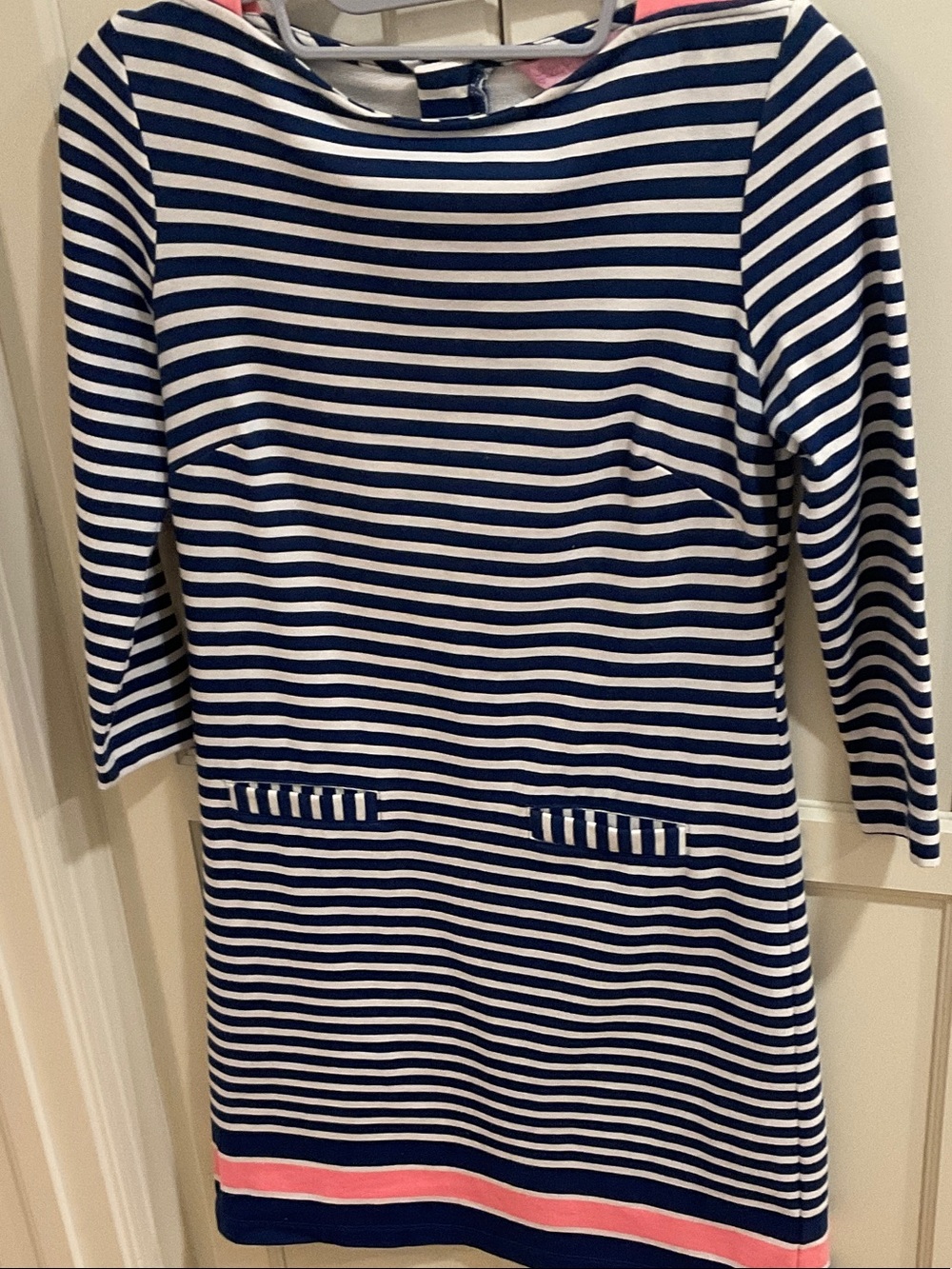 Lilly Pulitzer Navy and White Striped 3/4 Sleeve Dress w/ Pink Hem, XXSmall